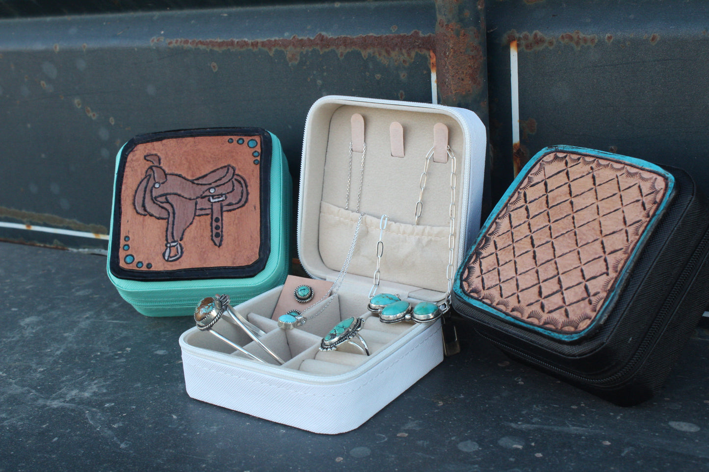 Tooled Leather Travel Jewelry Case